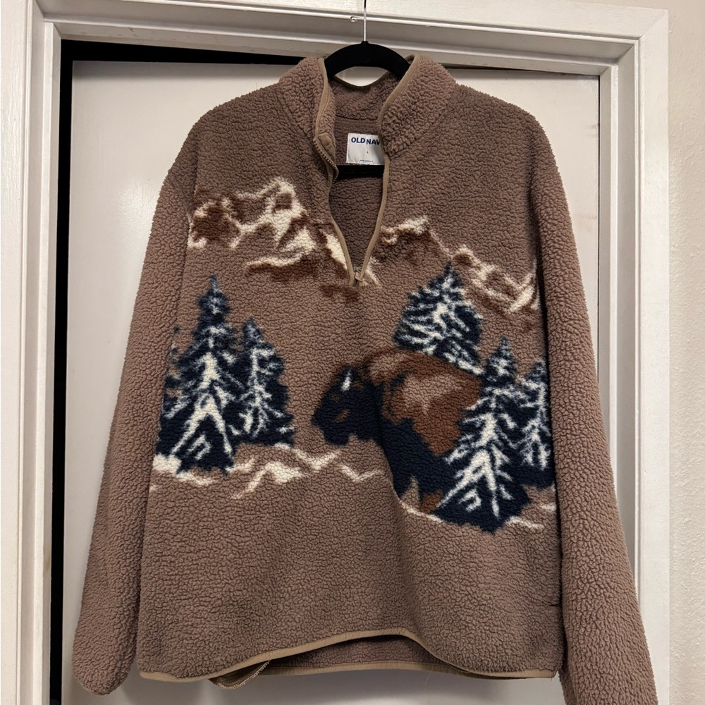 Old Navy Brown Zip-Up Sweater with Nature Motif